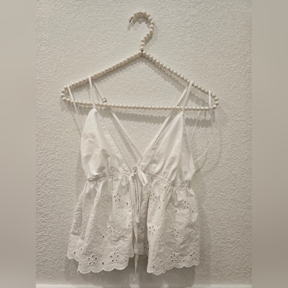 Zara Eyelet Babydoll Tie Front Top White Size S - Picture 3 of 7